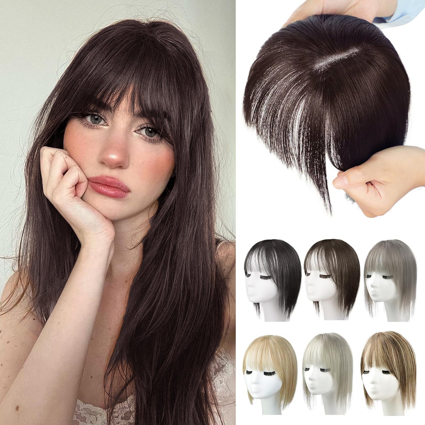 Premium Human Hair Topper with Bangs: Natural Volume, Easy Wear, 12-inch Length