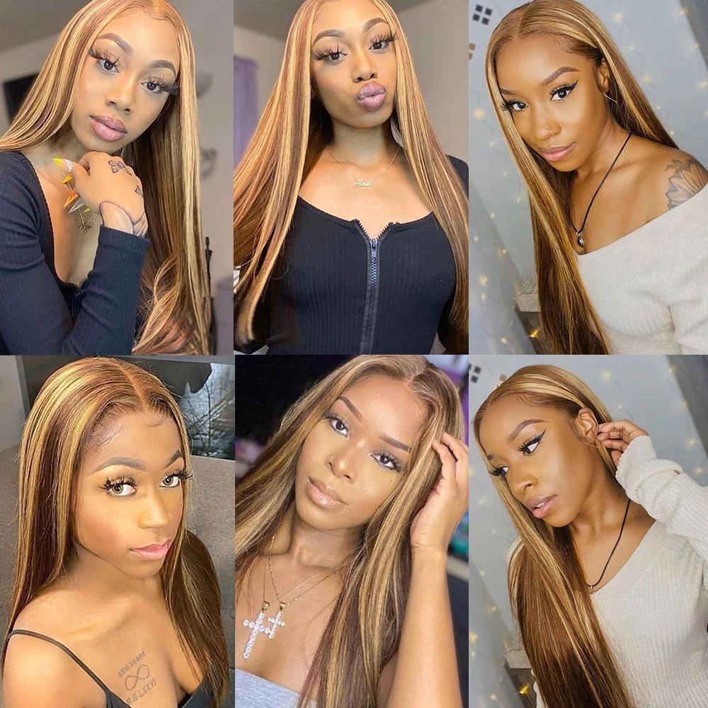 Highlight Ombre Colored Human Hair Full Ends Lace Front Wig Pre Plucked -