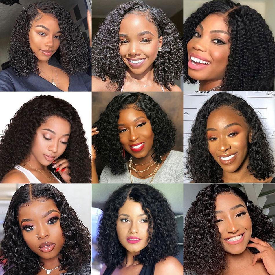 Afro Kinky Curly Short Bob Style Transparent Lace Front Wig Human Hair Pre Plucked - 假发