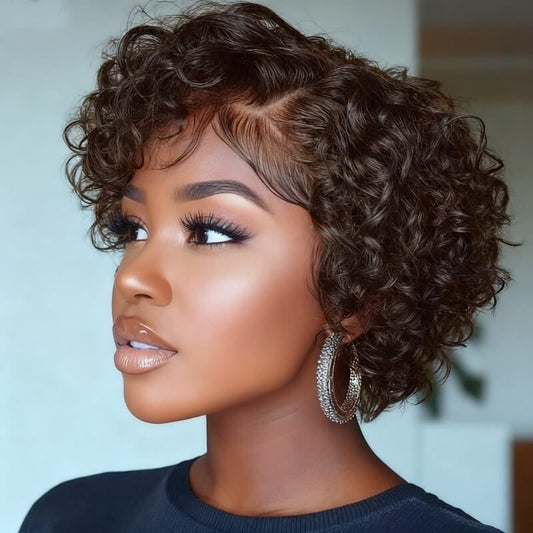 Short Curly Wig Pixie Cut Bob Wigs with Side Part Lace Front Human Hair Wigs