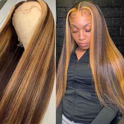 Highlight Brown Straight Lace Wig Pre Plucked 13x4 Lace Front Wig Honey Blonde Human Hair Wigs - 假发
