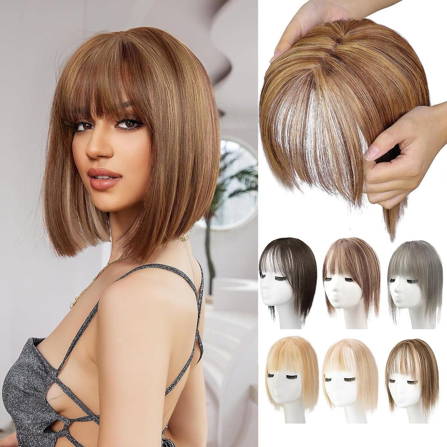 Premium Human Hair Topper with Bangs: Natural Volume, Easy Wear, 12-inch Length