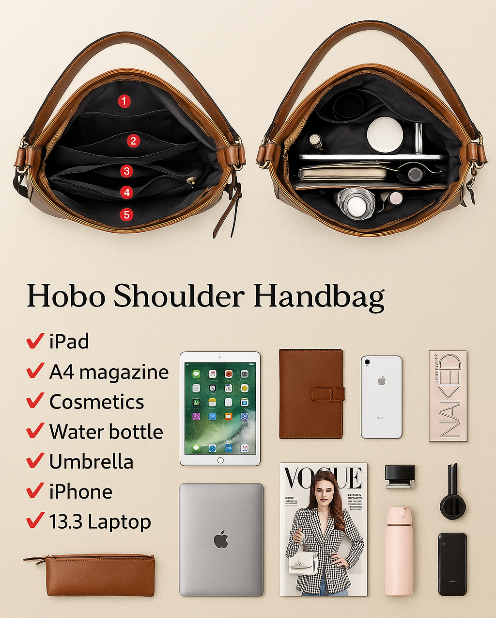 Luxury Leather Hobo Anti-Theft Handbag with FREE Pouch Wallet