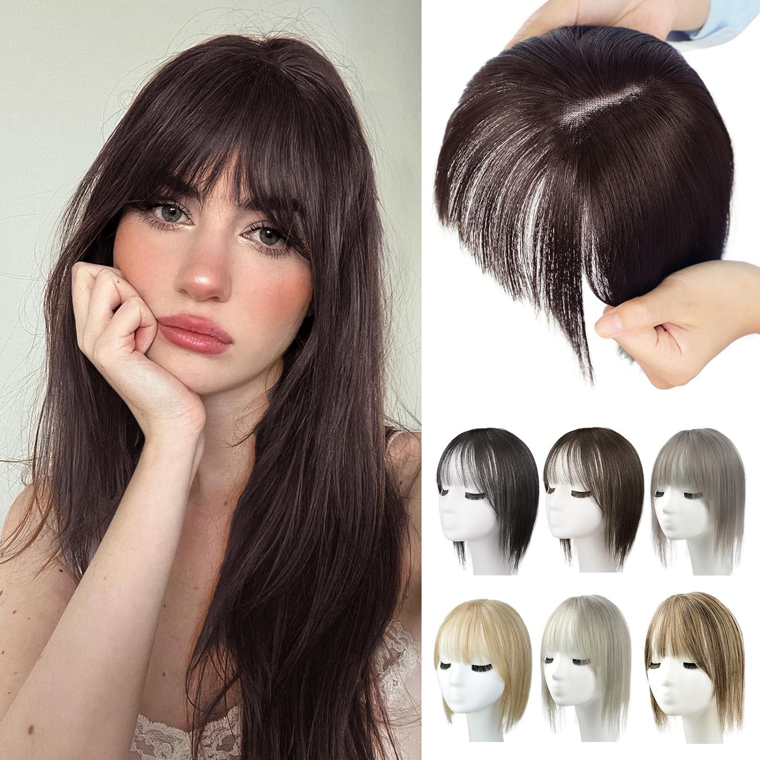 Premium Human Hair Topper with Bangs: Natural Volume, Easy Wear, 12-inch Length