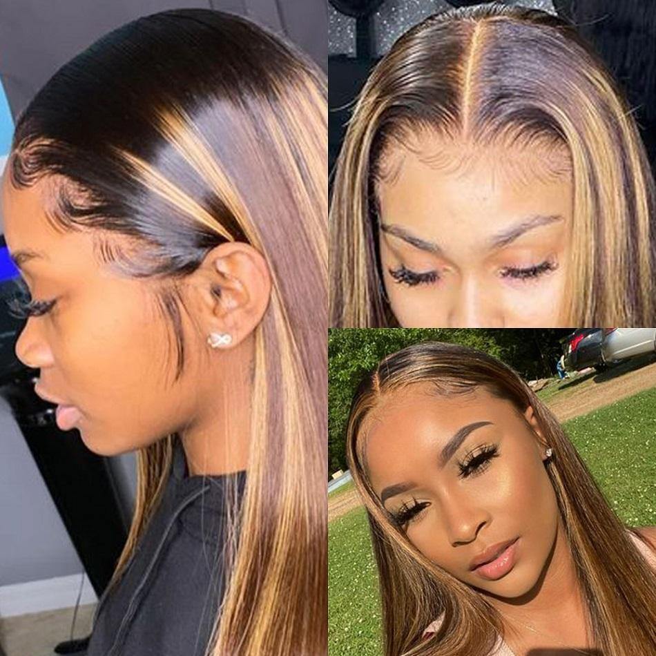 Highlight Ombre Colored Human Hair Full Ends Lace Front Wig Pre Plucked - 