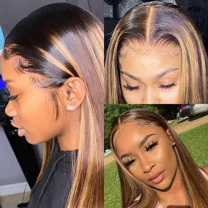 Highlight Ombre Colored Human Hair Full Ends Lace Front Wig Pre Plucked - 