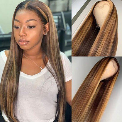Highlight Ombre Colored Human Hair Full Ends Lace Front Wig Pre Plucked - 