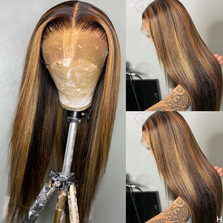 Highlight Ombre Colored Human Hair Full Ends Lace Front Wig Pre Plucked - 