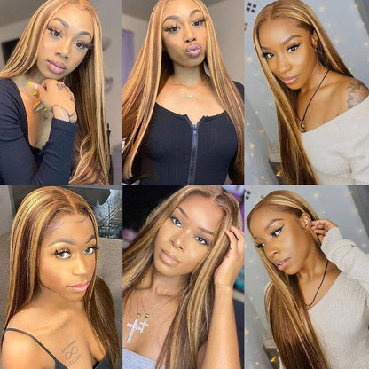 Highlight Ombre Colored Human Hair Full Ends Lace Front Wig Pre Plucked - 