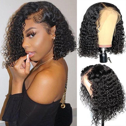 HD Transparent Short Bob Style Kinky Curly Lace Front Wig Pre Plucked - 