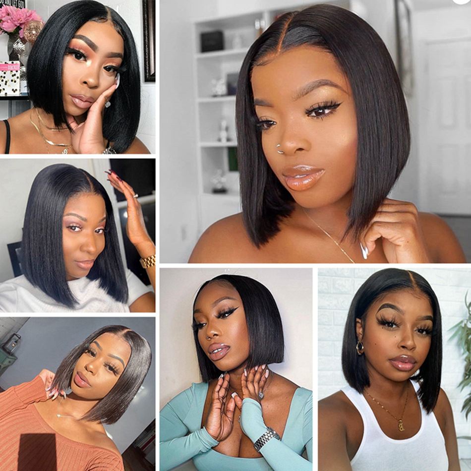 Straight Virgin Human Hair Short Bob Pre Plucked Lace Front Wig
