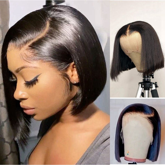 Straight Virgin Human Hair Short Bob Pre Plucked Lace Front Wig