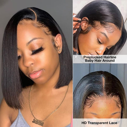 Straight Virgin Human Hair Short Bob Pre Plucked Lace Front Wig
