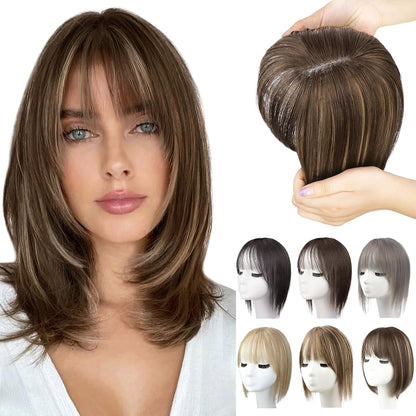 Premium Human Hair Topper with Bangs: Natural Volume, Easy Wear, 12-inch Length